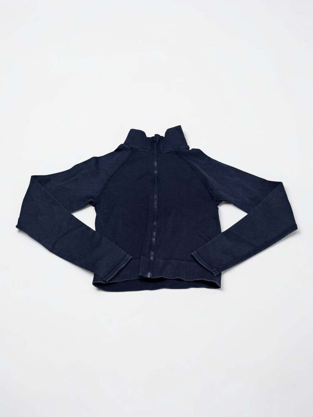 Fabletics Ribbed Seamless Full Zip Jacket Navy‎ Blue Mock Neck Cropped Small
